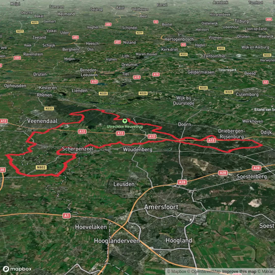 An image depicting the trail Hoog Kanje, Maarnseberg, Let de Stigterpad and Postweg Loop and its surrounding area.