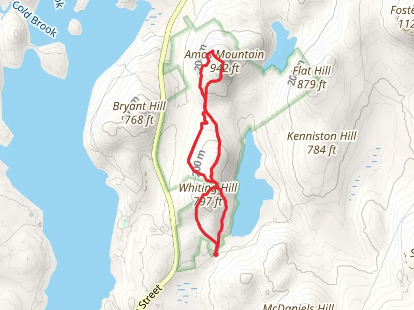 An image depicting the trail Whiting Hill and Amos Mountain Loop and its surrounding area.