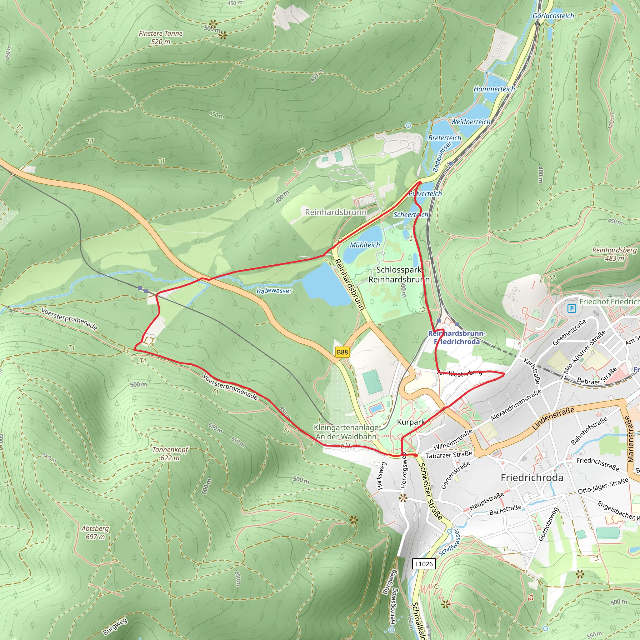 Talsperre Reinhardsbrunn, Badewasser and Schloss Reinhardsbrunn Loop via Rundweg Tanzbuche mobile static map