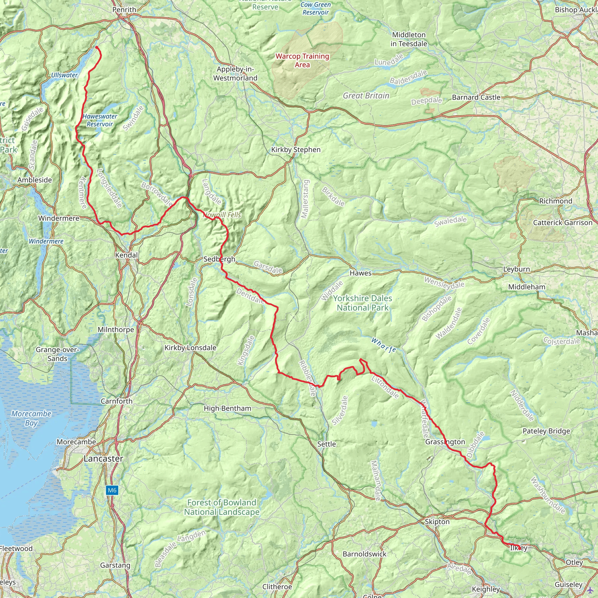 Ilkley to Pooley Bridge via the Yorshire Dales mobile static map