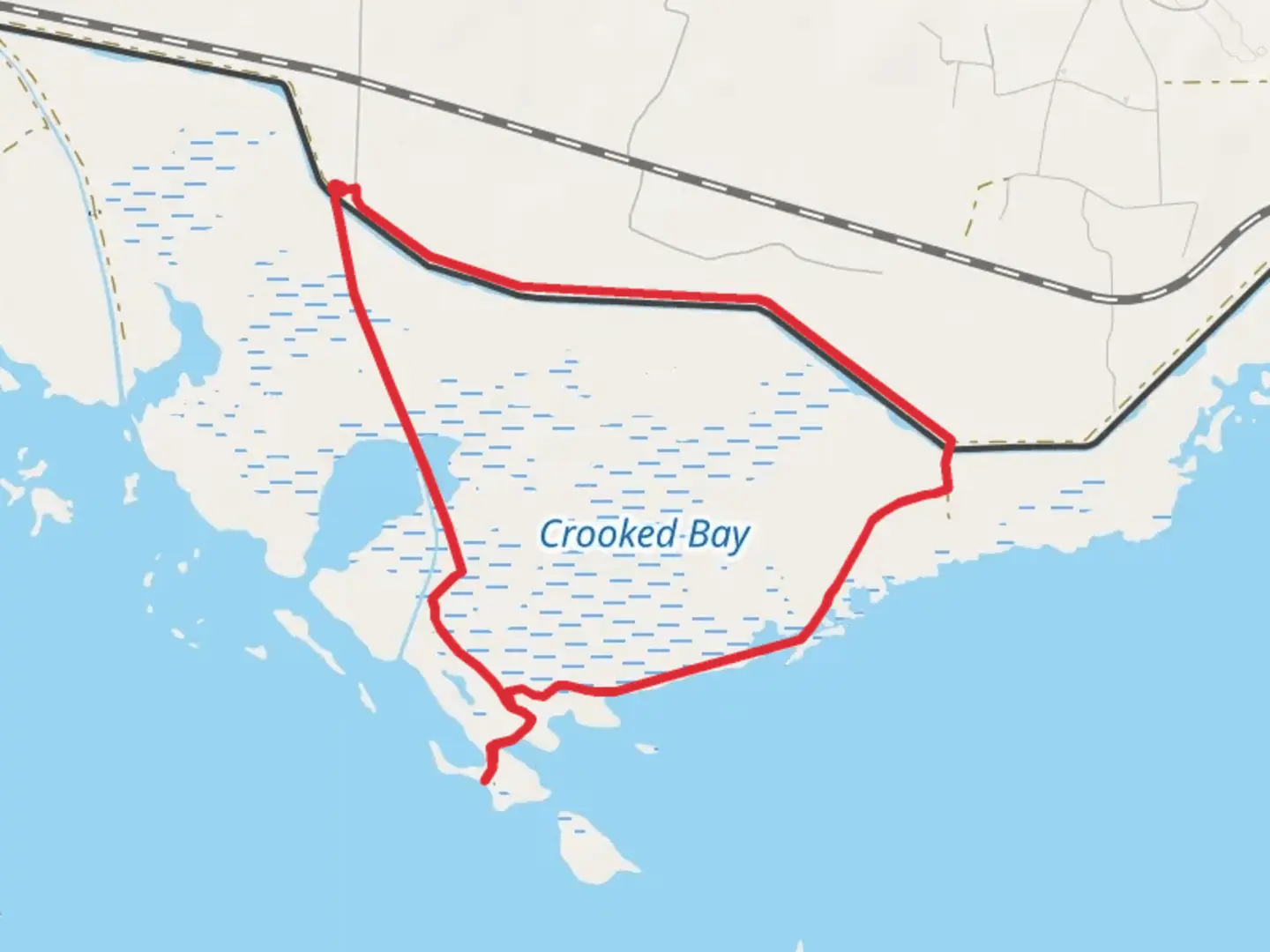 An image depicting the trail Crooked Bay and Palmetto Trail Lake Moultrie Passage Loop and its surrounding area.