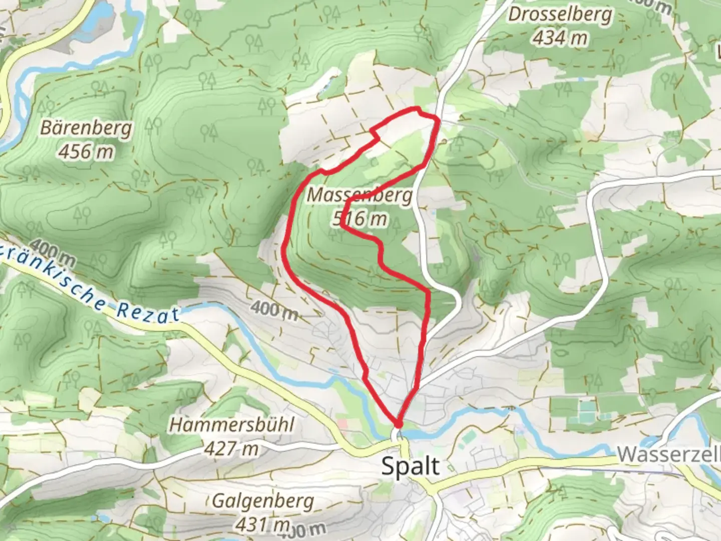 An image depicting the trail Massendorfer Schlucht and Rund um den Massenberg and its surrounding area.