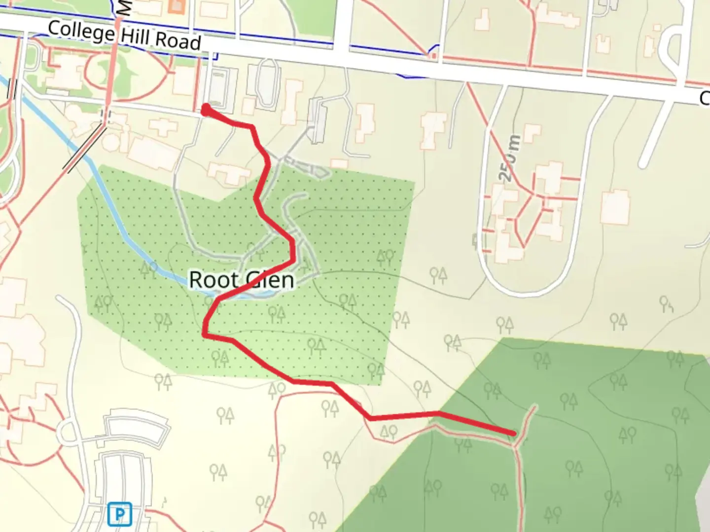 An image depicting the trail Kirkland Glen from College Hill Road and its surrounding area.