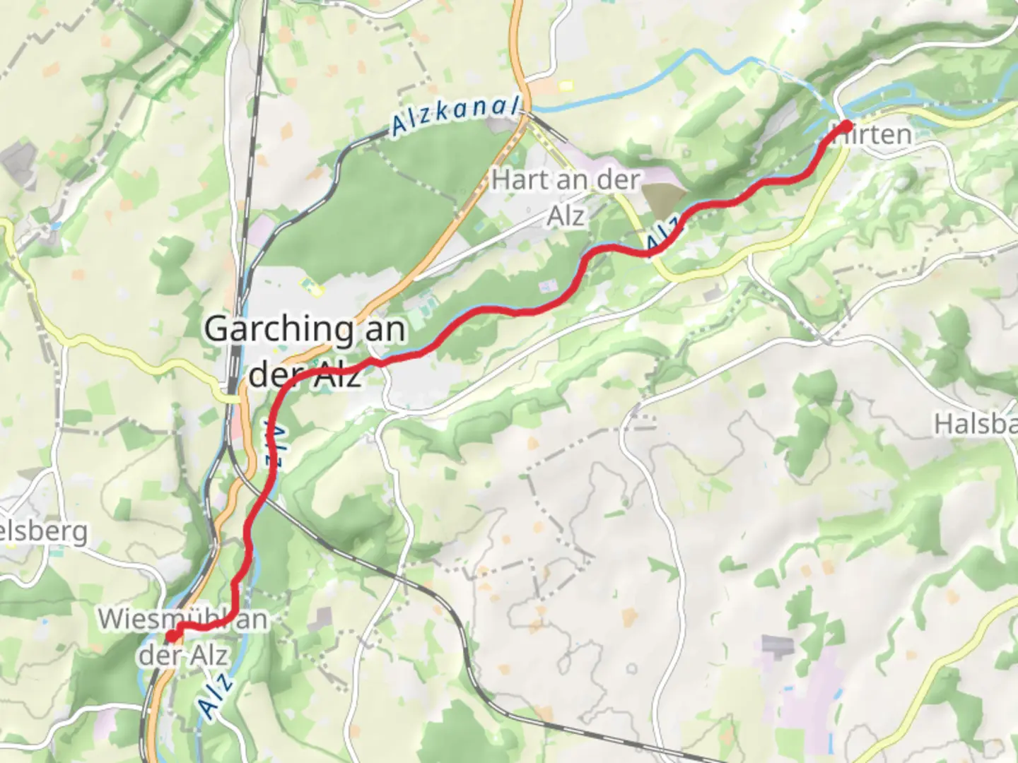 An image depicting the trail Wiesmühl to Hirten Walk via River Alz and its surrounding area.