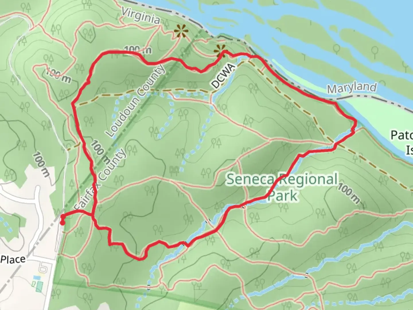An image depicting the trail Orange Trail and Potomac Heritage Trail Loop and its surrounding area.