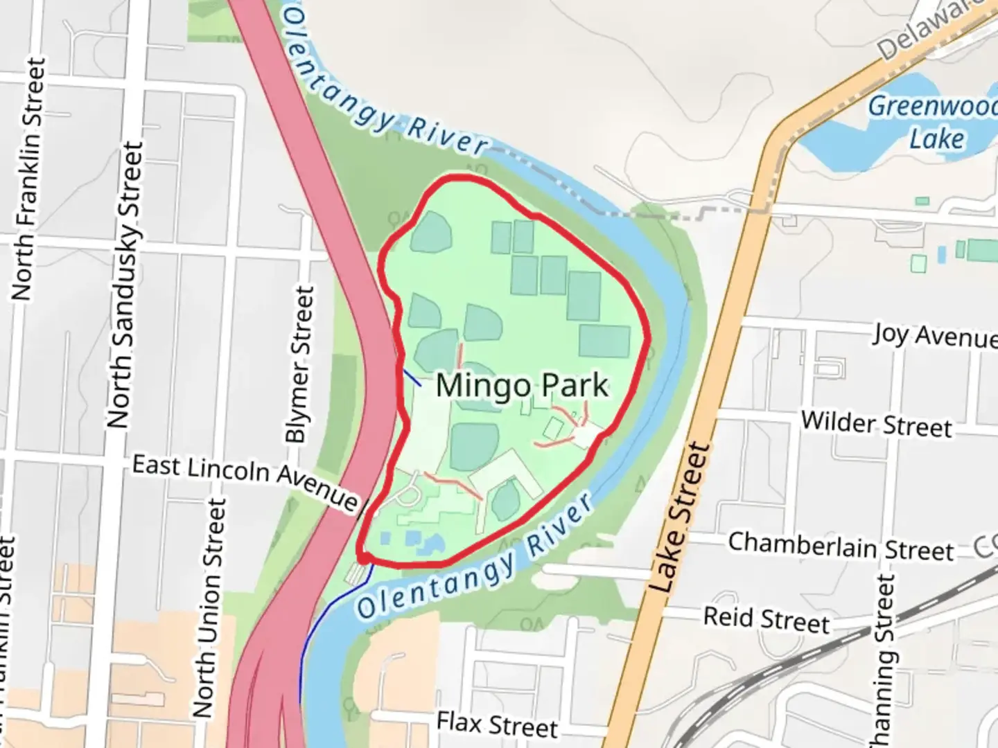 An image depicting the trail Mingo Park Loop and its surrounding area.
