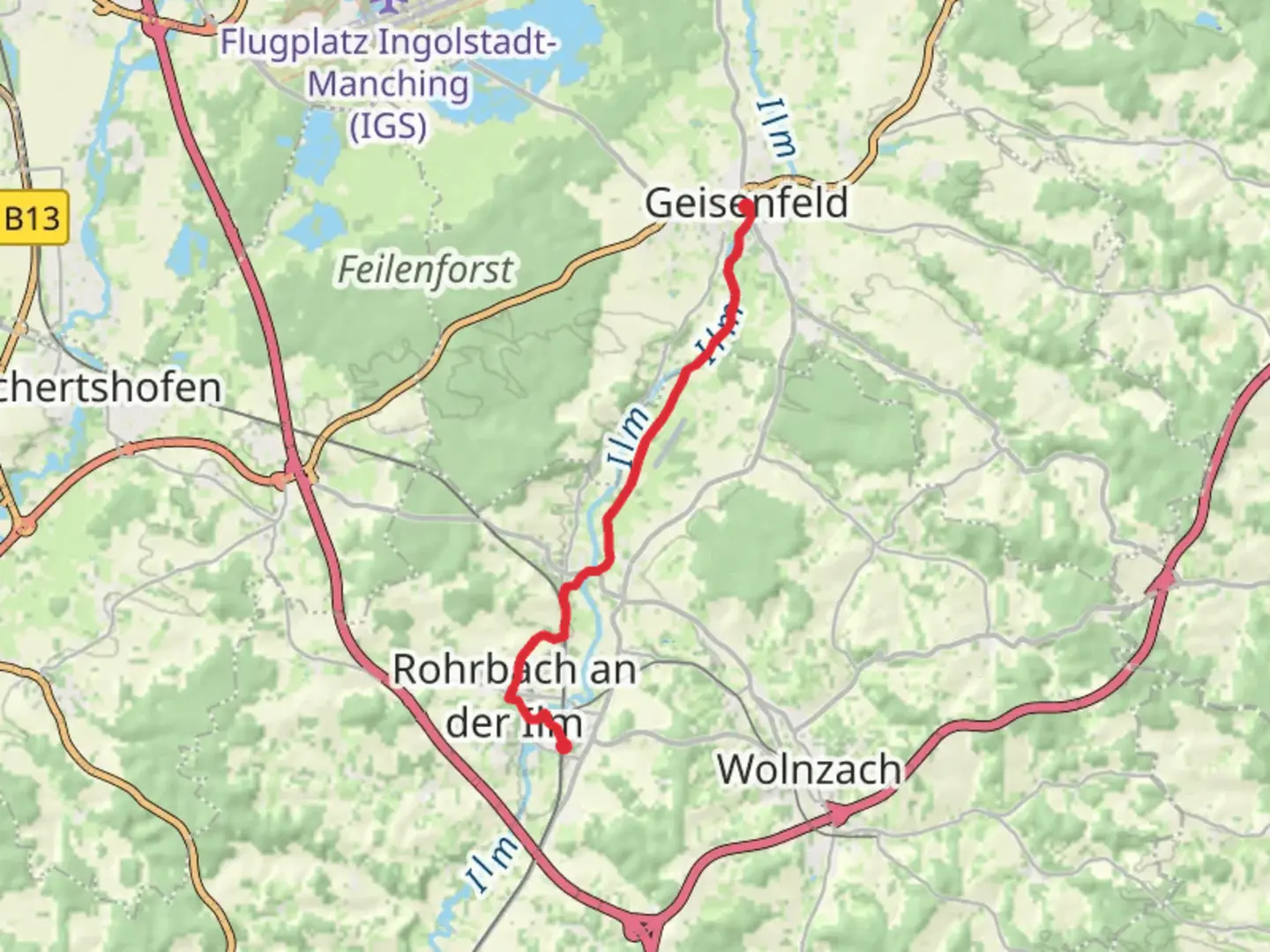 An image depicting the trail Geisenfeld to Rohrbach Walk and its surrounding area.