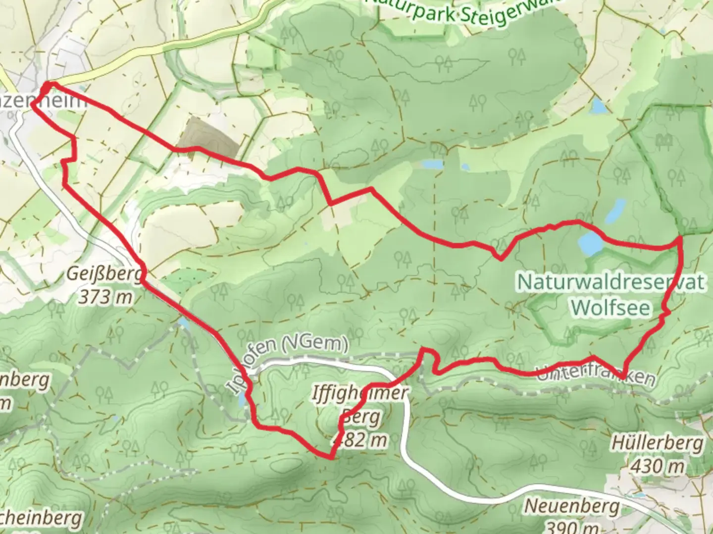 An image depicting the trail Judensee, Iffigheimer Berg and Großer Wolfsee Loop and its surrounding area.