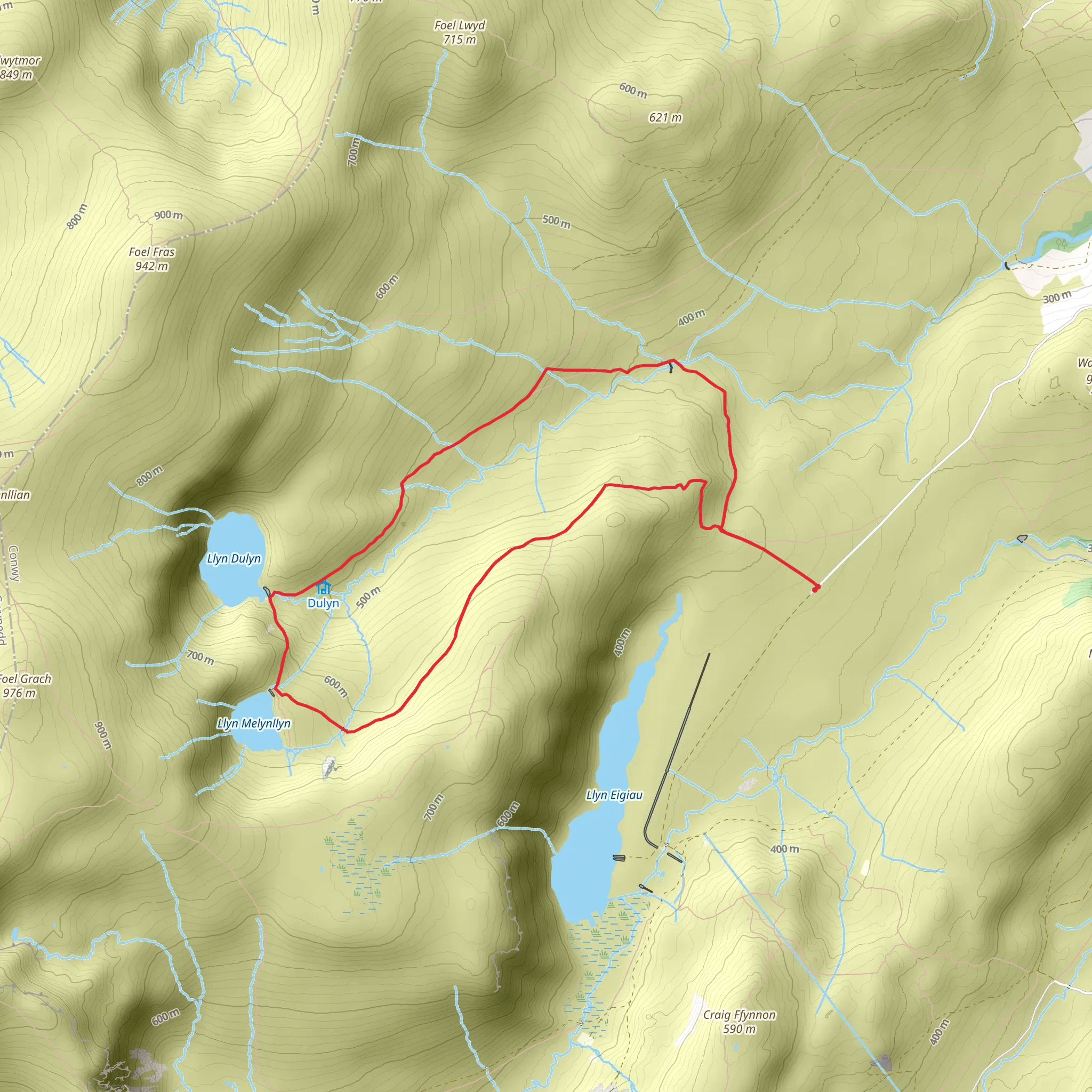 Melynllyn and Dulyn Reservoir from Llyn Eigiau Parking mobile static map