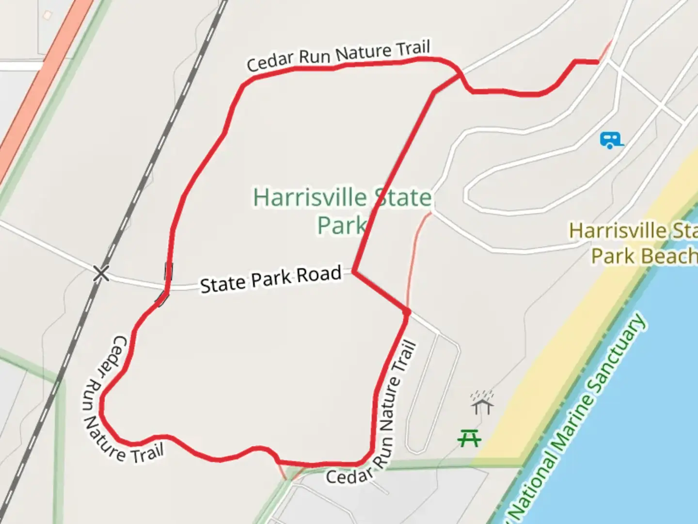 An image depicting the trail Harrisville State Park Loop and its surrounding area.