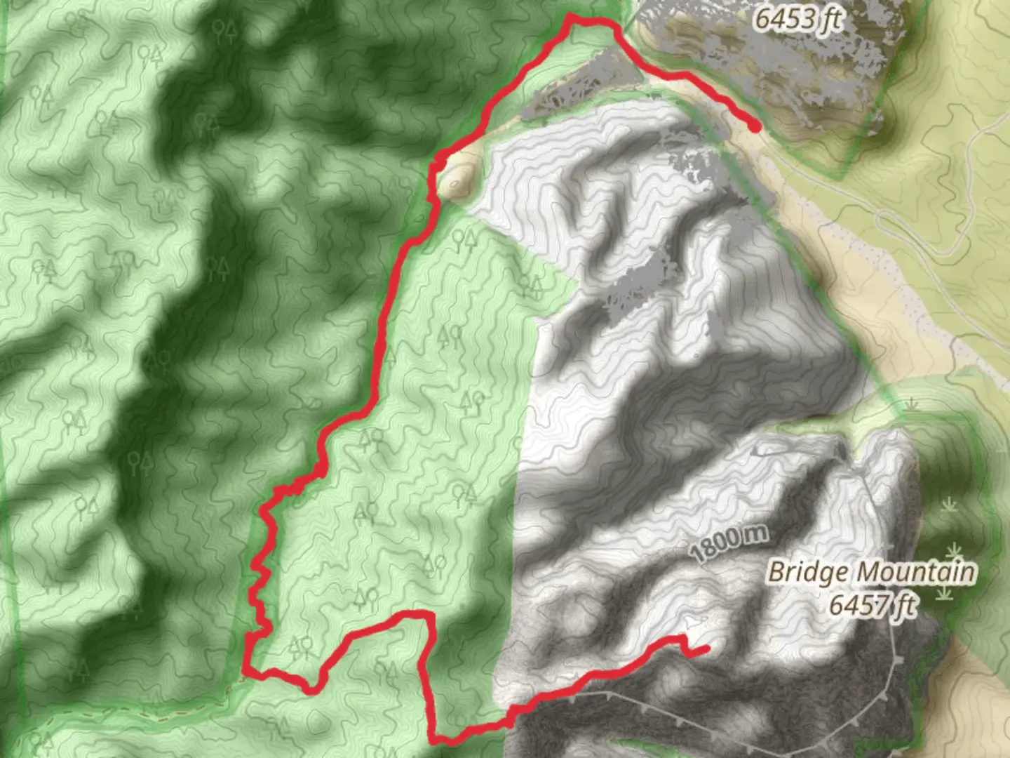 An image depicting the trail Bridge Mountain via Rocky Gap Road and its surrounding area.