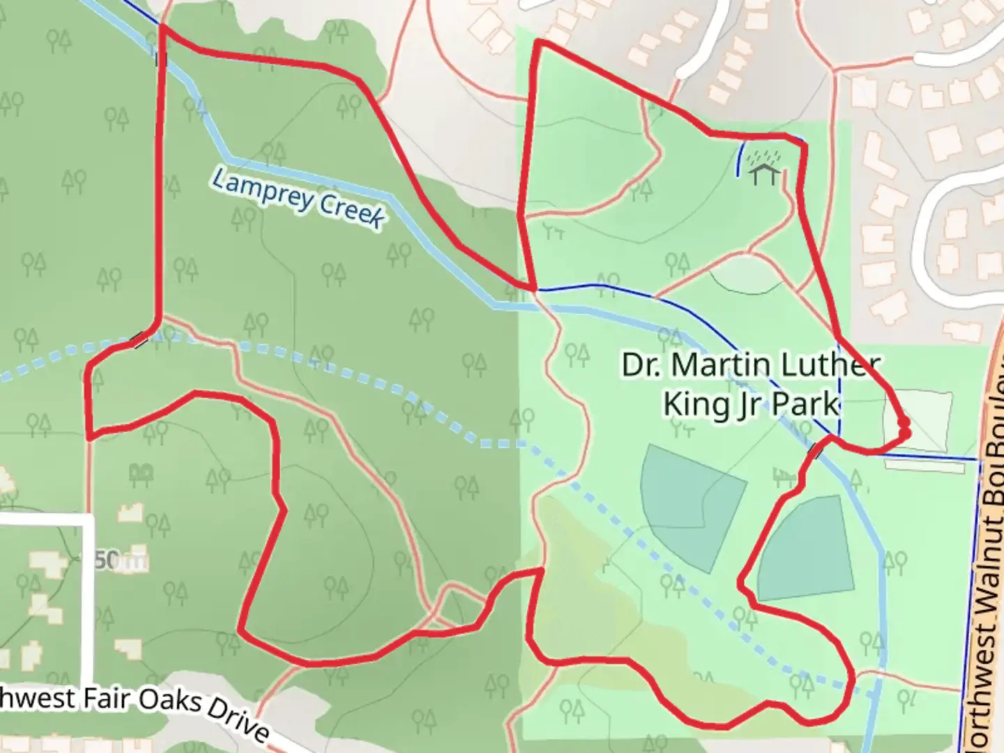 An image depicting the trail Dr Martin Luther King Jr Park Loop and its surrounding area.