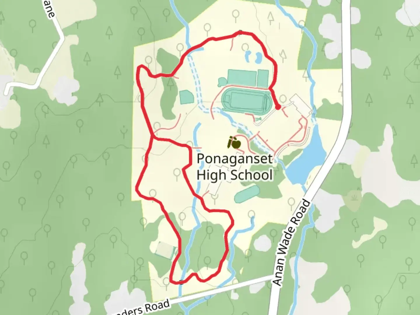 An image depicting the trail Ponaganset HS loop and its surrounding area.