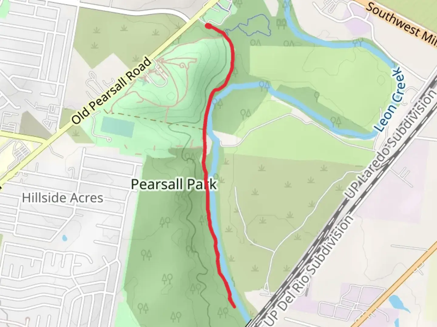 An image depicting the trail Pearsall Park - Leon Creek Greenway Trail and its surrounding area.