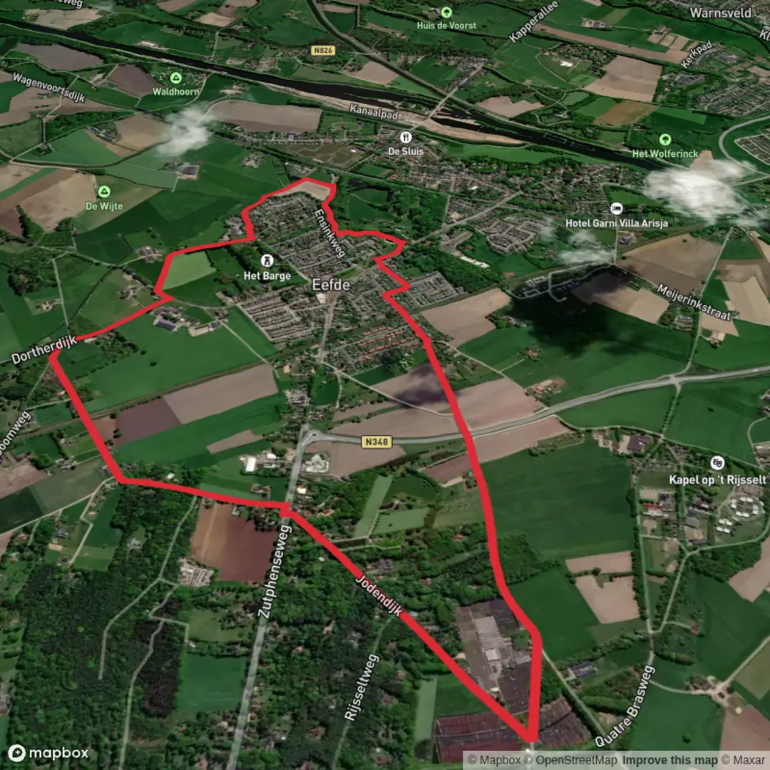 An image depicting the trail Knapzak Route and Rondje Eefde Loop and its surrounding area.