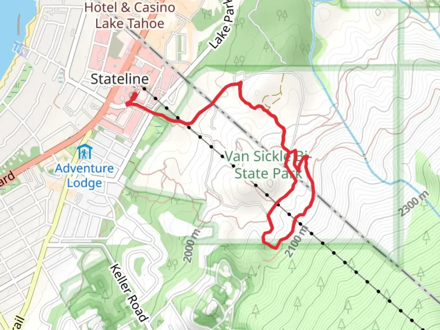 An image depicting the trail Cal Neva Loop via Van Sickle Trail and its surrounding area.
