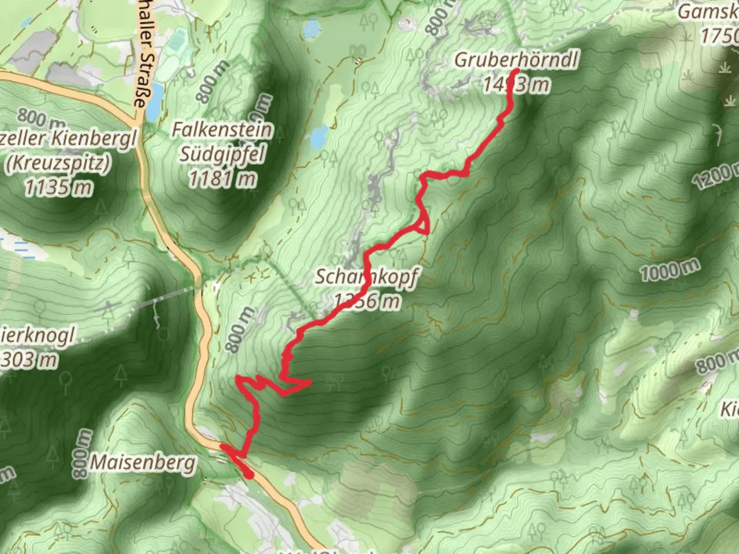 An image depicting the trail Gruberhoerndl via Himmelsleiter and Koialuwei-Steig and its surrounding area.