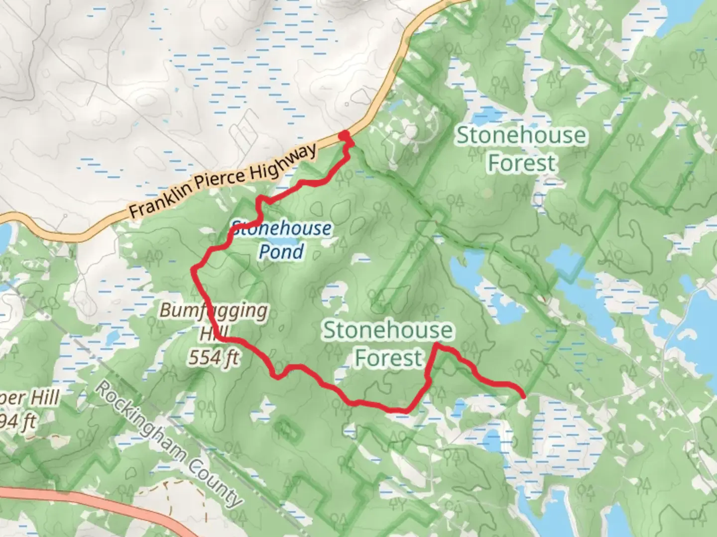 An image depicting the trail Stonehouse Pond and Bumfagging Hill via Locke Trail and its surrounding area.