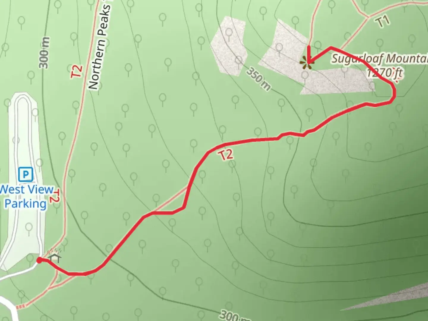An image depicting the trail Sugarloaf Mountain via AM Thomas Green Trail and its surrounding area.