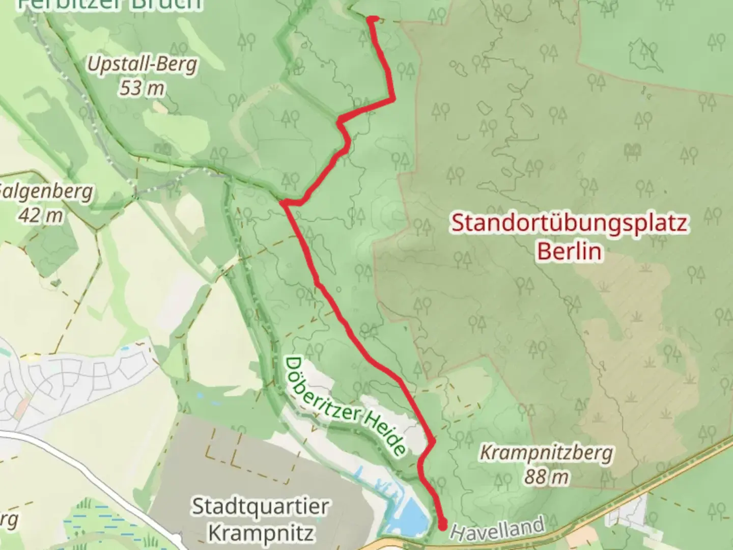 An image depicting the trail Aussichtsturm am Finkenberg via Doeberitzer Heide and its surrounding area.