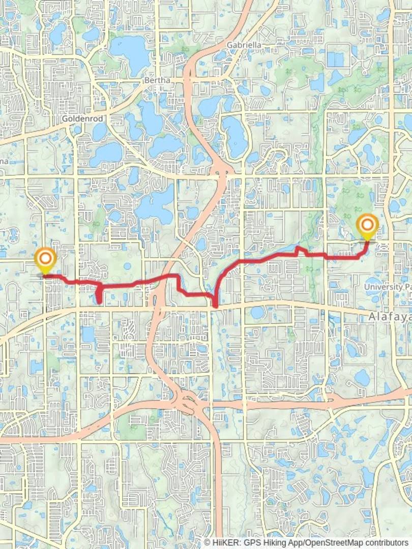 An image depicting the trail Goldenrod Canal and Hickory Cove Park via Little Econ Greenway and its surrounding area.