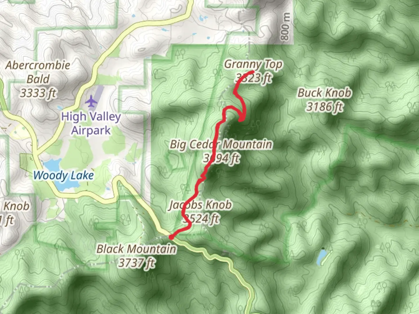 An image depicting the trail Granny Top and Big Cedar Mountain via Appalachian Trail and its surrounding area.