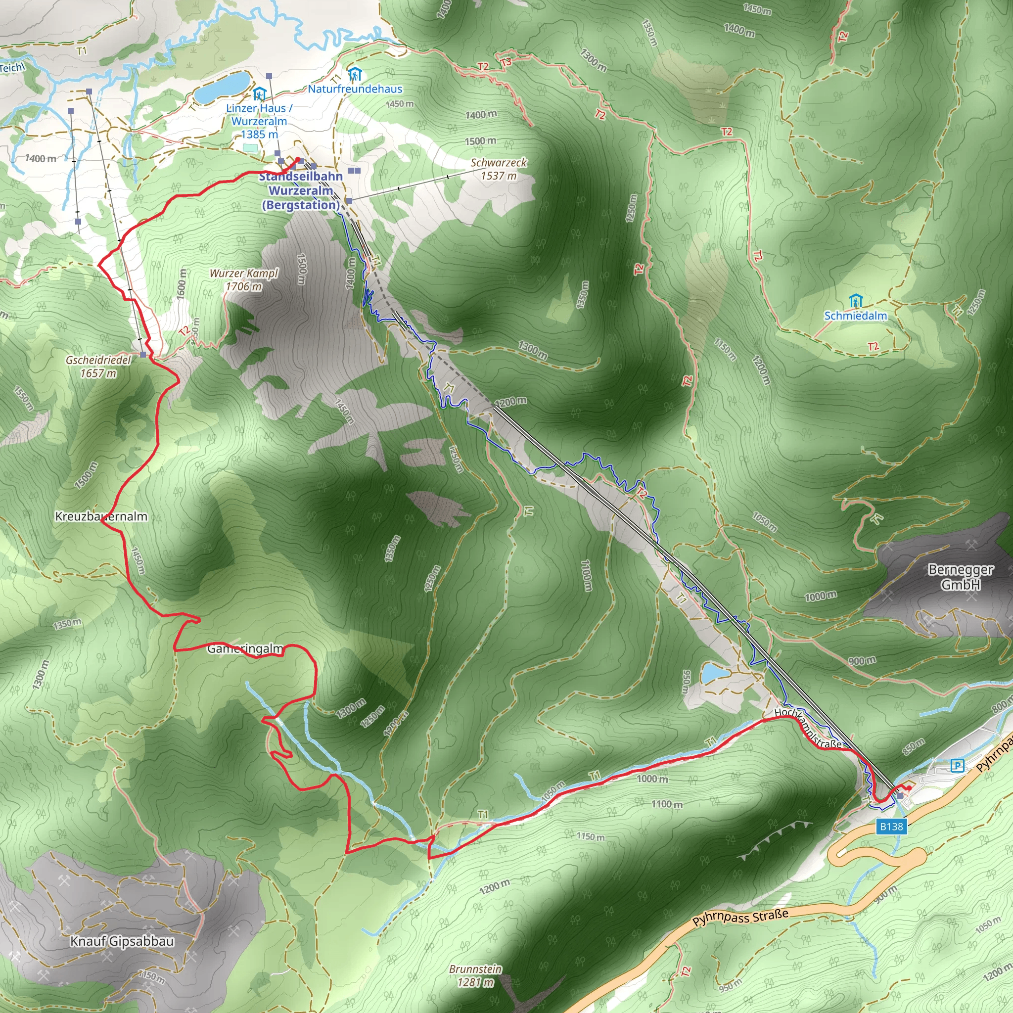 Wurzeralm Standseibahn Gammeringsattel to Wurzeralm funicular base station mobile static map