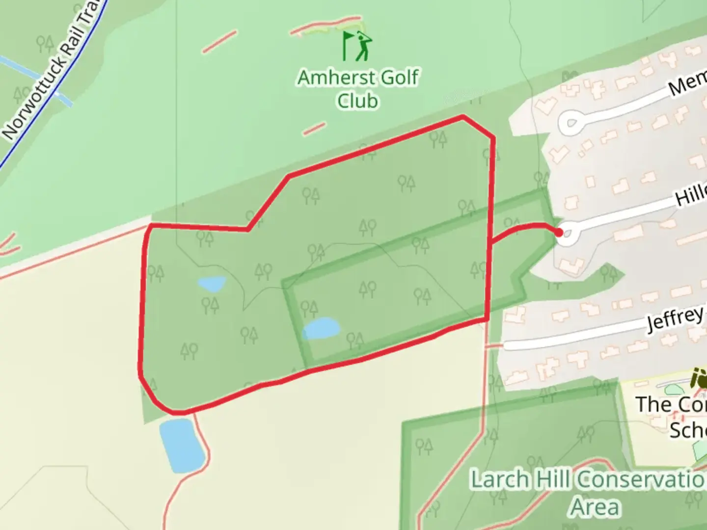 An image depicting the trail Larch Hill Conservation Area Loop and its surrounding area.