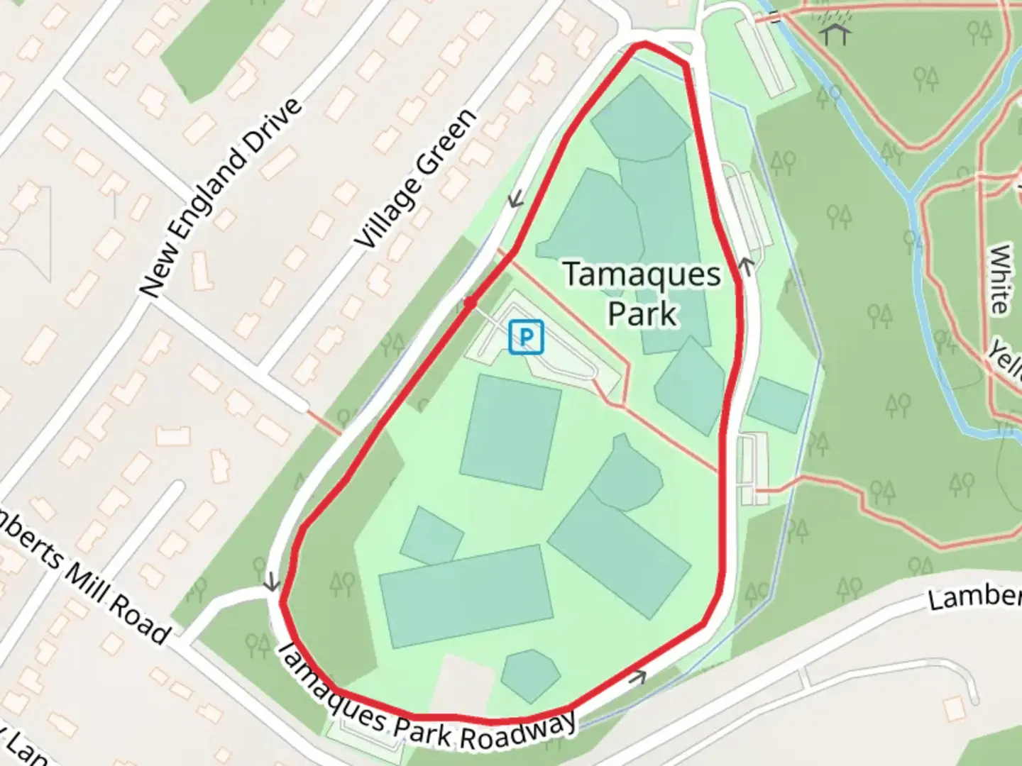 An image depicting the trail Tamaques Park Roadway Loop and its surrounding area.