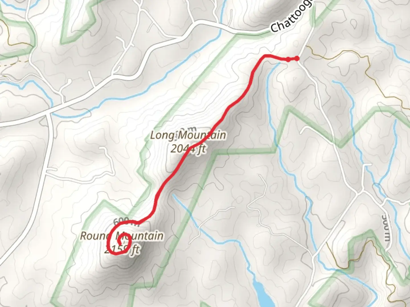 An image depicting the trail Long Mountain and Round Mountain and its surrounding area.