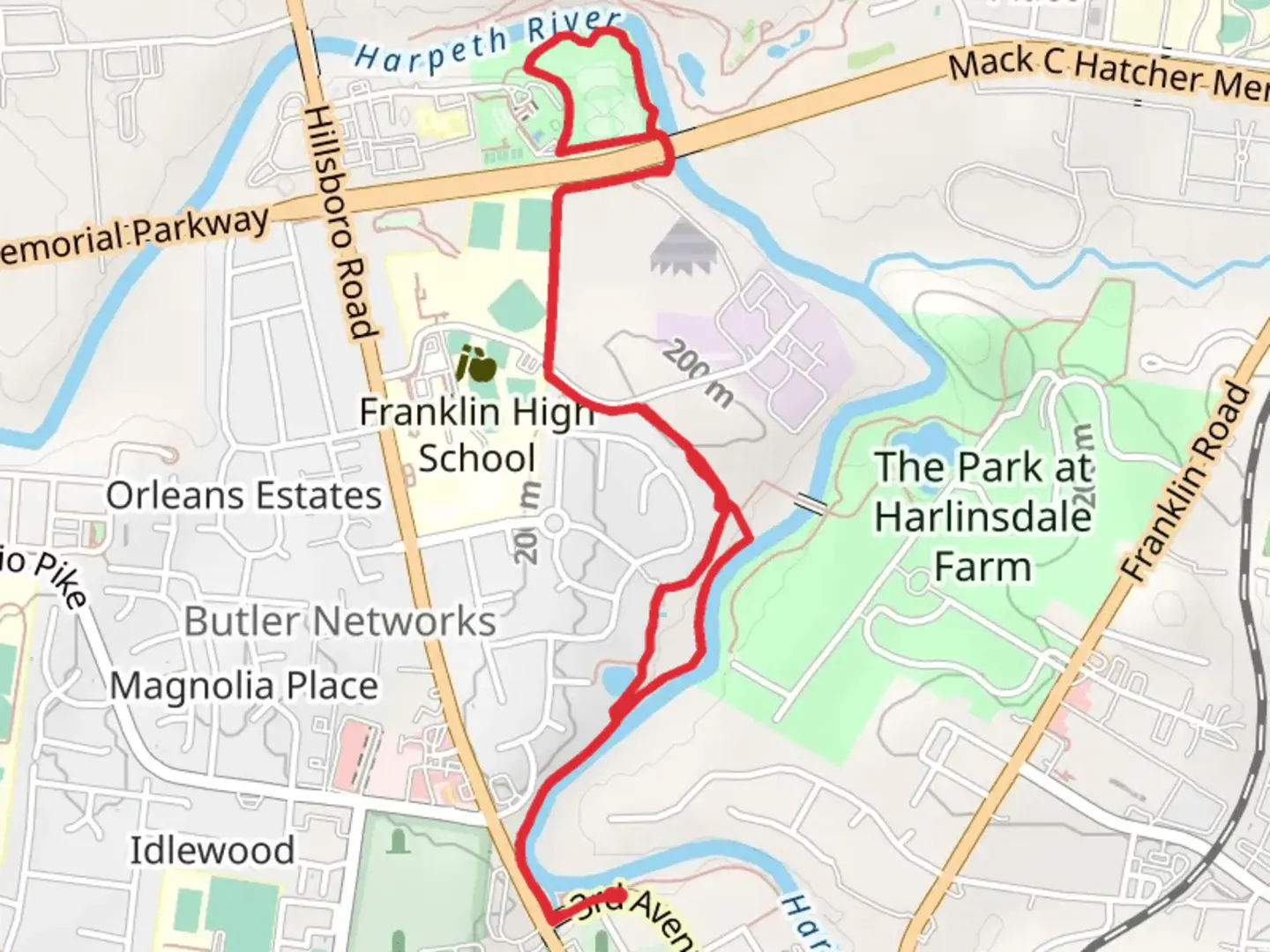 An image depicting the trail Harpeth River and Judge Fulton Green Park and its surrounding area.