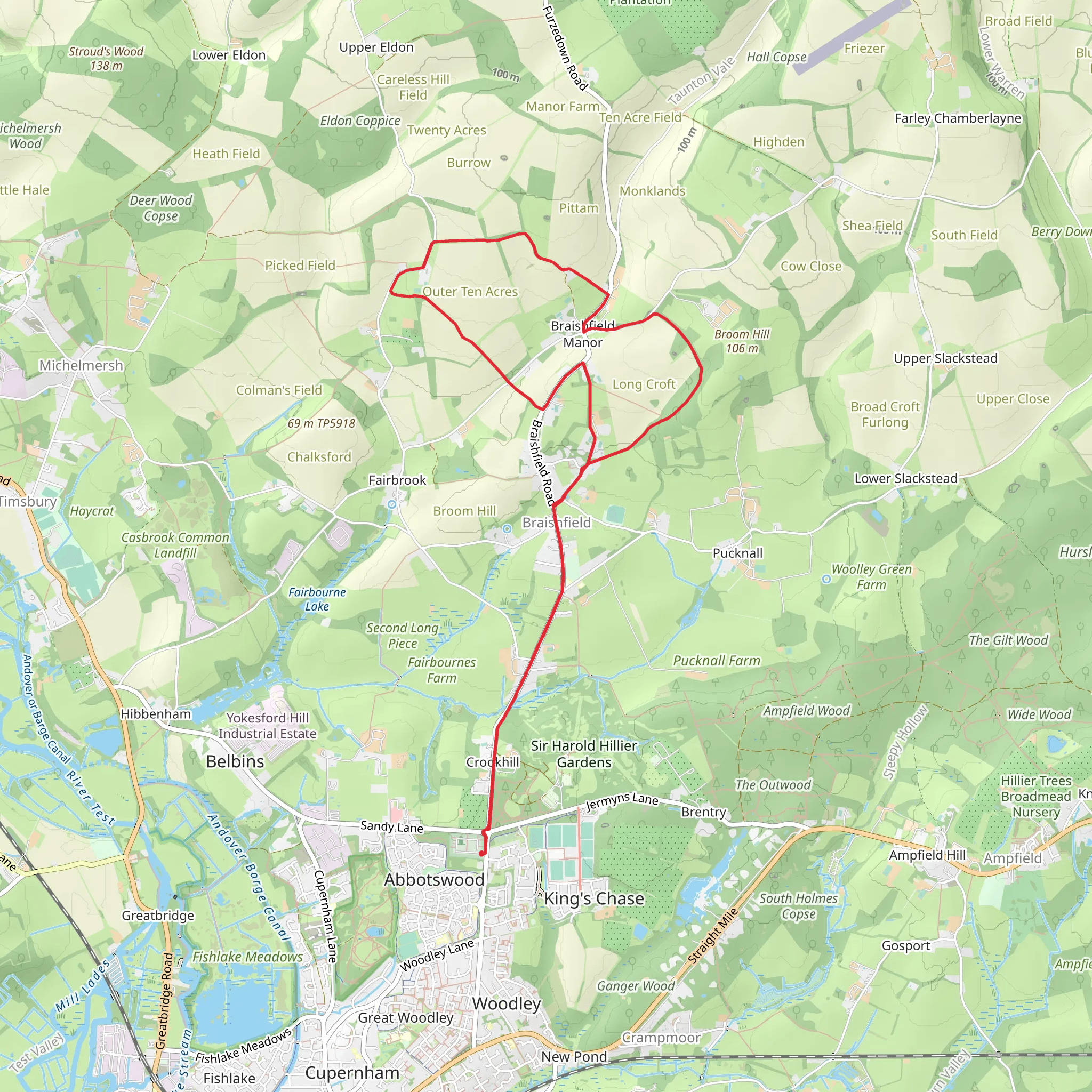 Fern Hill Copse and Braishfield Country Park Loop mobile static map