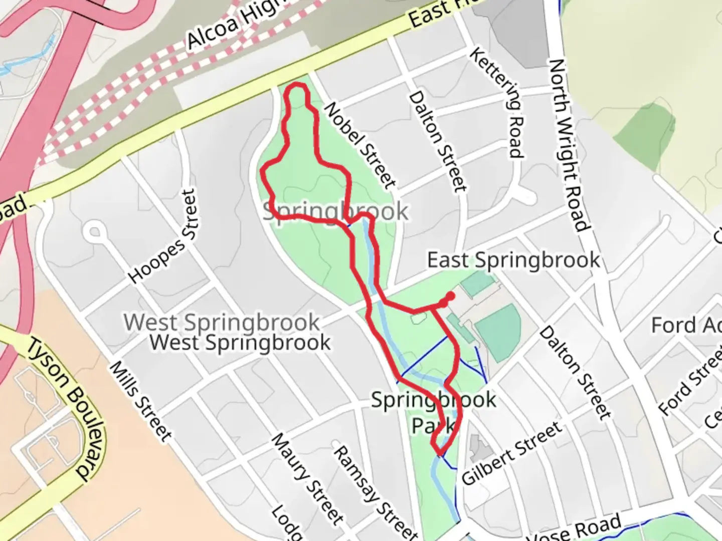 An image depicting the trail Springbrook Park Loop and its surrounding area.