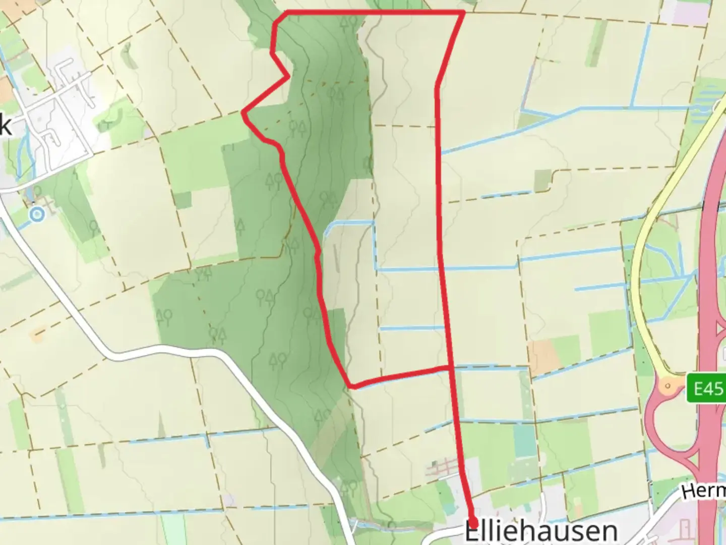 An image depicting the trail Grillplatz Elliehausen and Sauenberg Loop and its surrounding area.