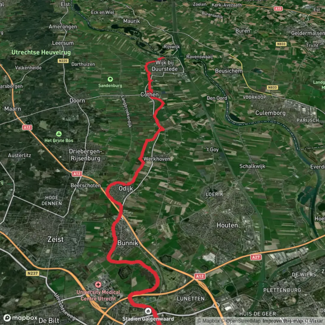 An image depicting the trail Krommerijnbrug to Haven via Romeinse Limespad and its surrounding area.