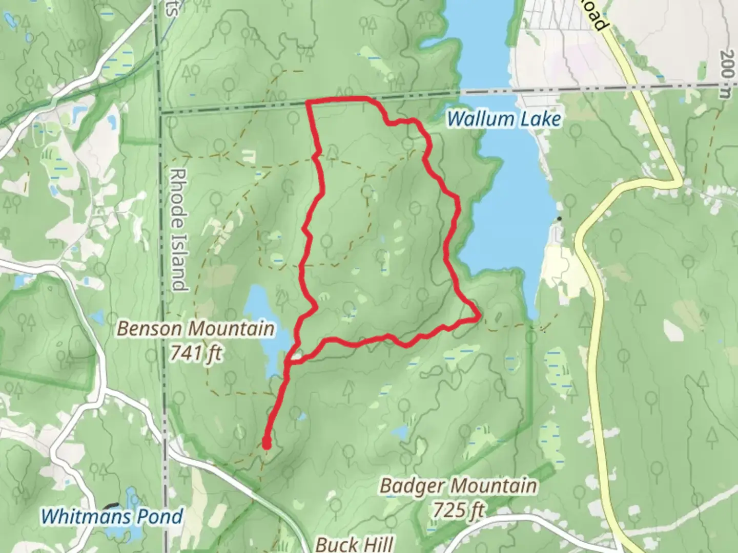 An image depicting the trail Benson Mountain, North South - Mid State and Buck Hill Yellow Dot Loop Trail and its surrounding area.