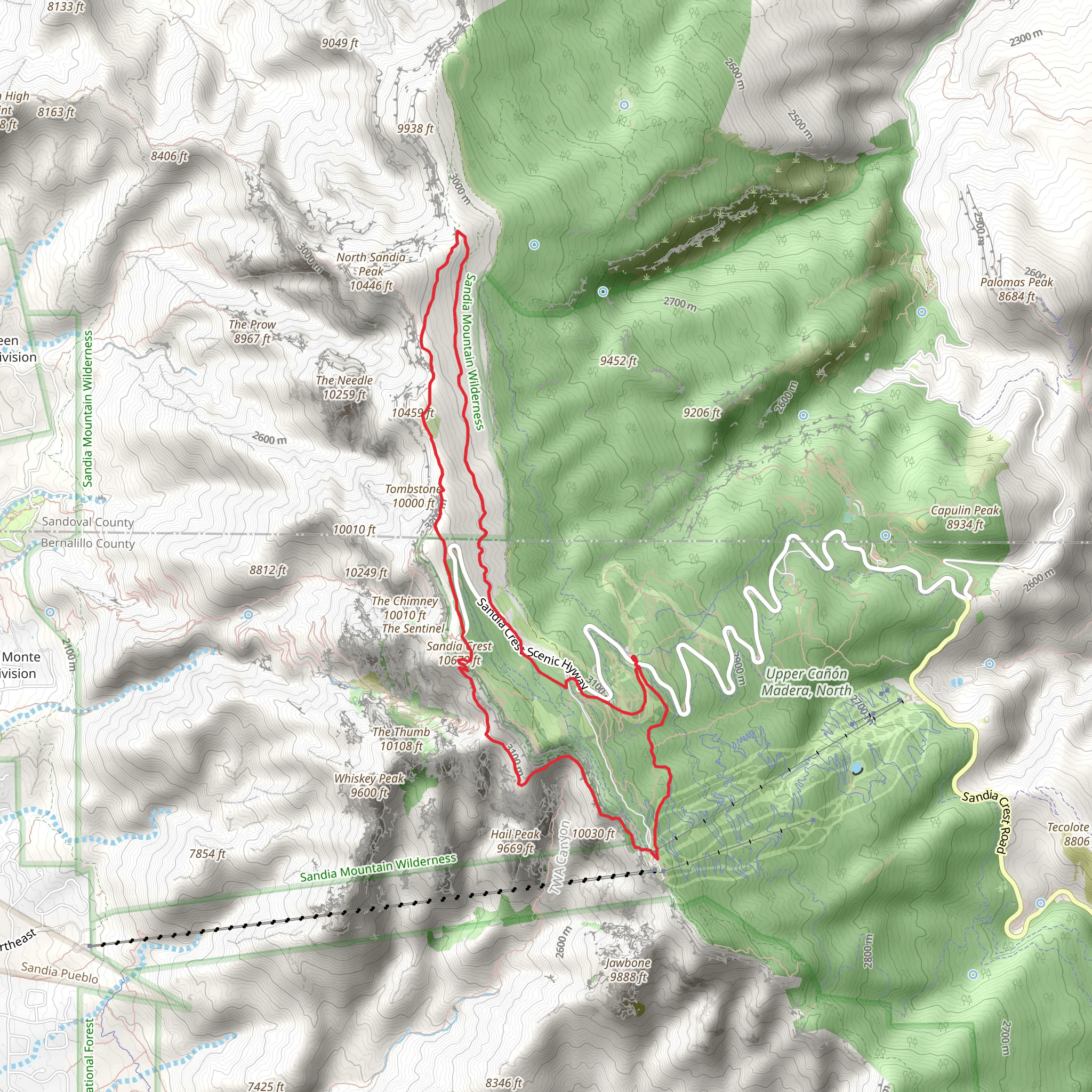 Sandia Crest, Double Eagle and La Luz Trail Loop mobile static map