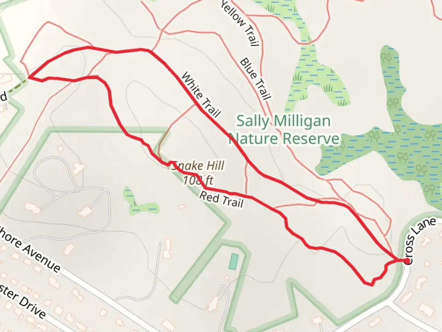 An image depicting the trail Snake Hill Loop via Cross Lane and its surrounding area.