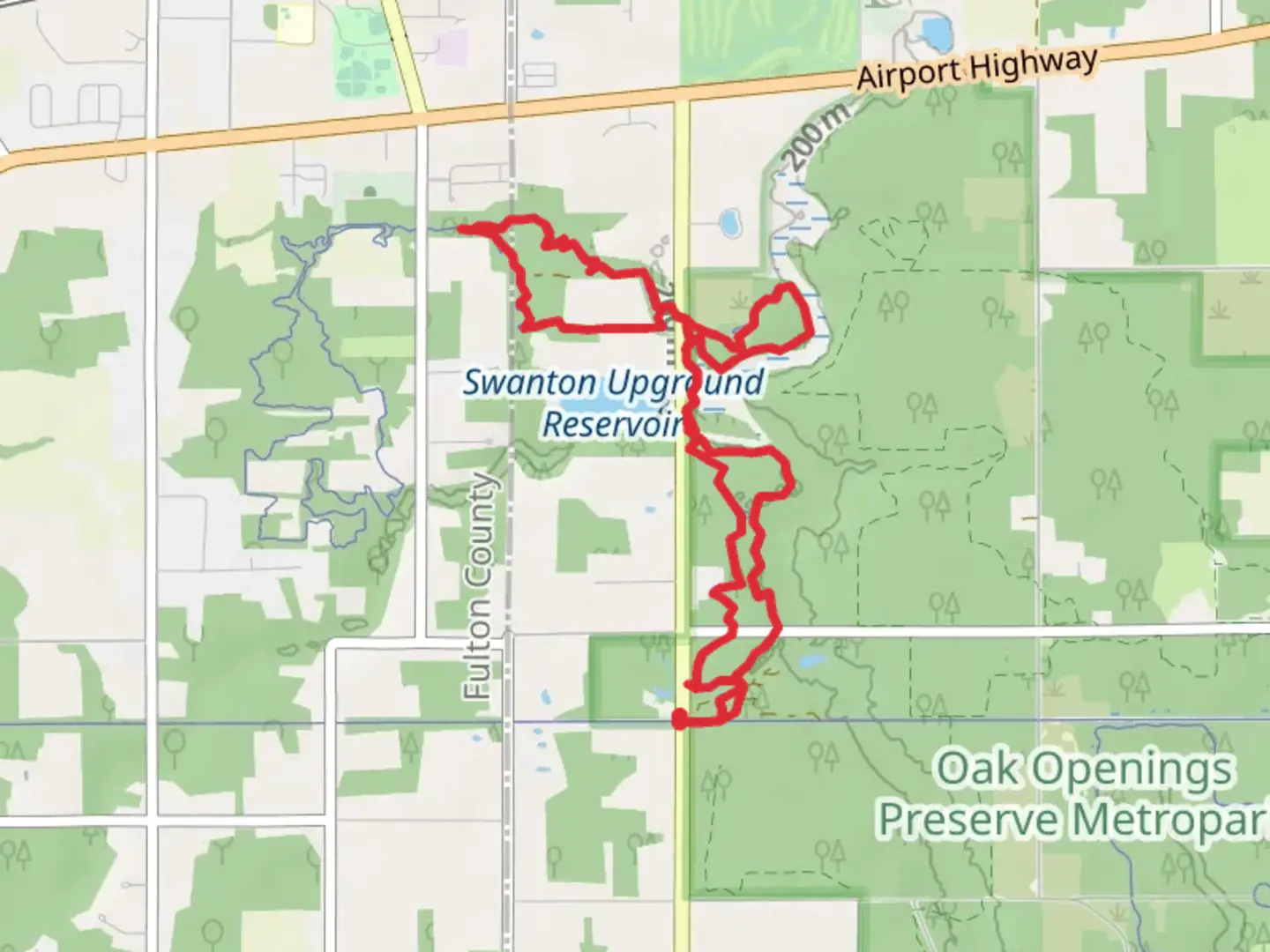 An image depicting the trail Blue Racer Trail, Oak Opening Trail and Hognose Loop Trail and its surrounding area.