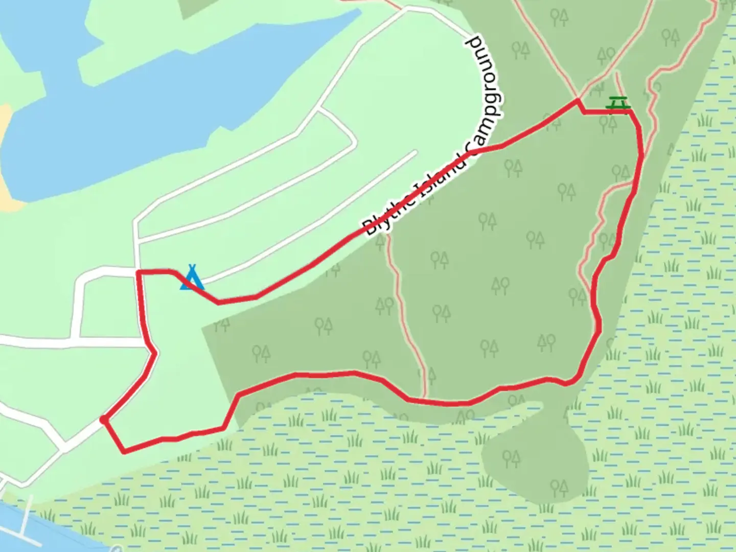 An image depicting the trail Blithe Island Park Road Loop and its surrounding area.