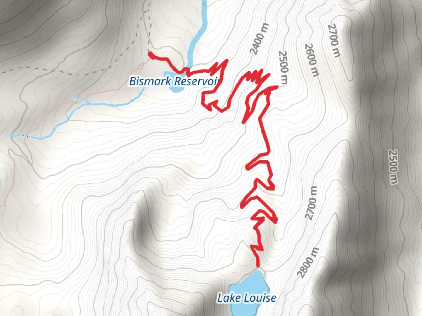 An image depicting the trail Lake Louise via Lake Louise Trail and its surrounding area.