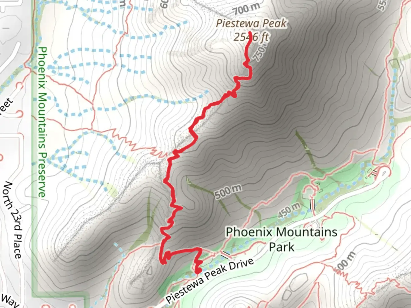 An image depicting the trail Piestewa Peak via Summit Trail and its surrounding area.