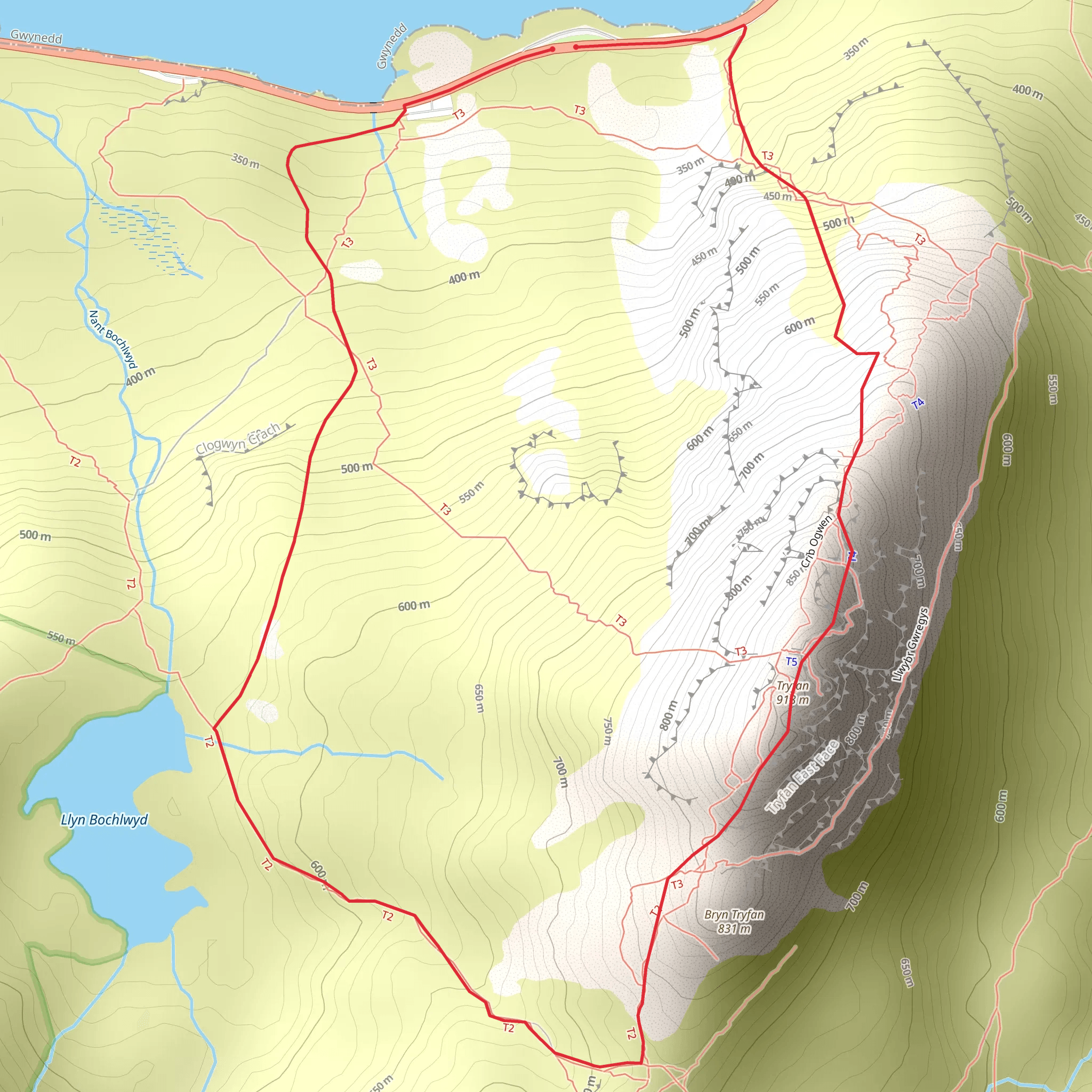 Tryfan by the North Ridge from Ogwen Valley mobile static map