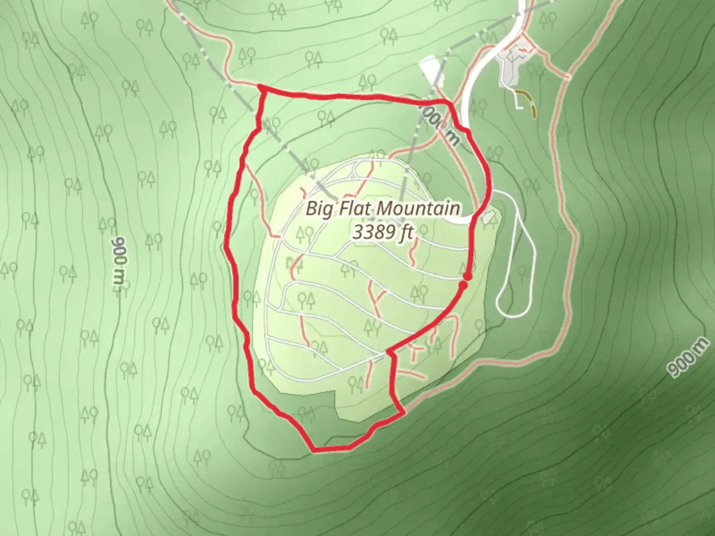 An image depicting the trail Loop around Big Flat Mountain and its surrounding area.