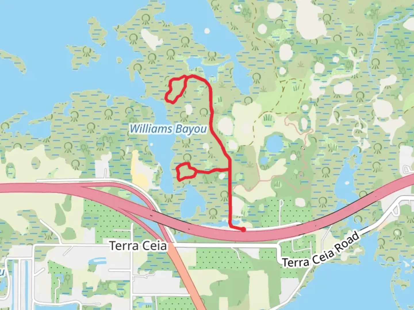 An image depicting the trail Williams Bayou Loop and its surrounding area.