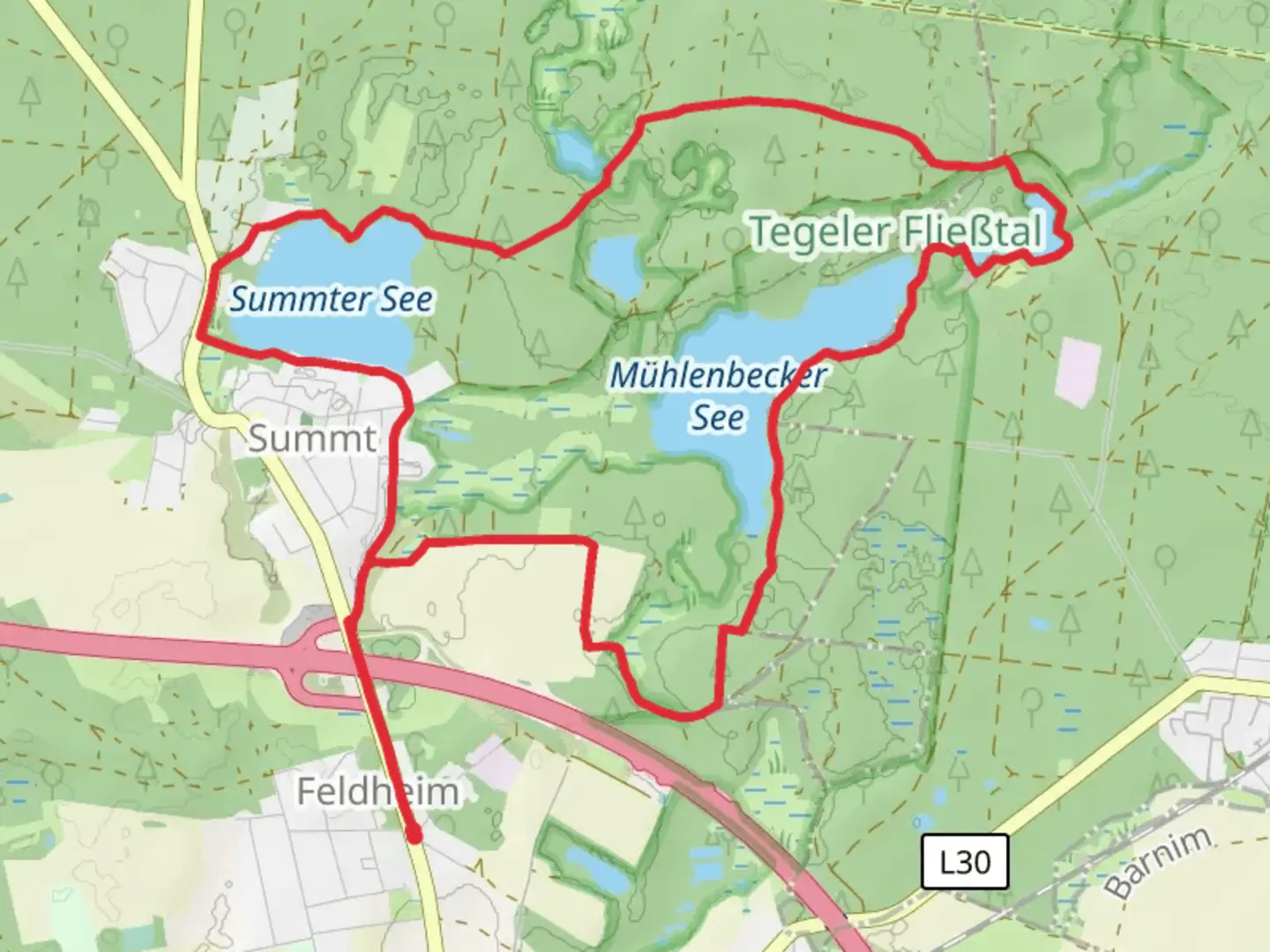An image depicting the trail Tegeler Fließtal and Summter See via Muehlen Wanderweg and its surrounding area.