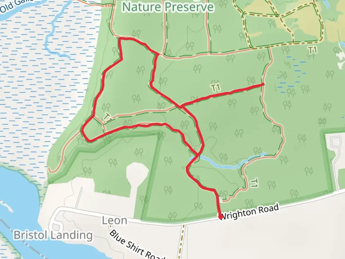 An image depicting the trail Red Oak Trail, Bluberry Trail and Spicebush Trail and its surrounding area.