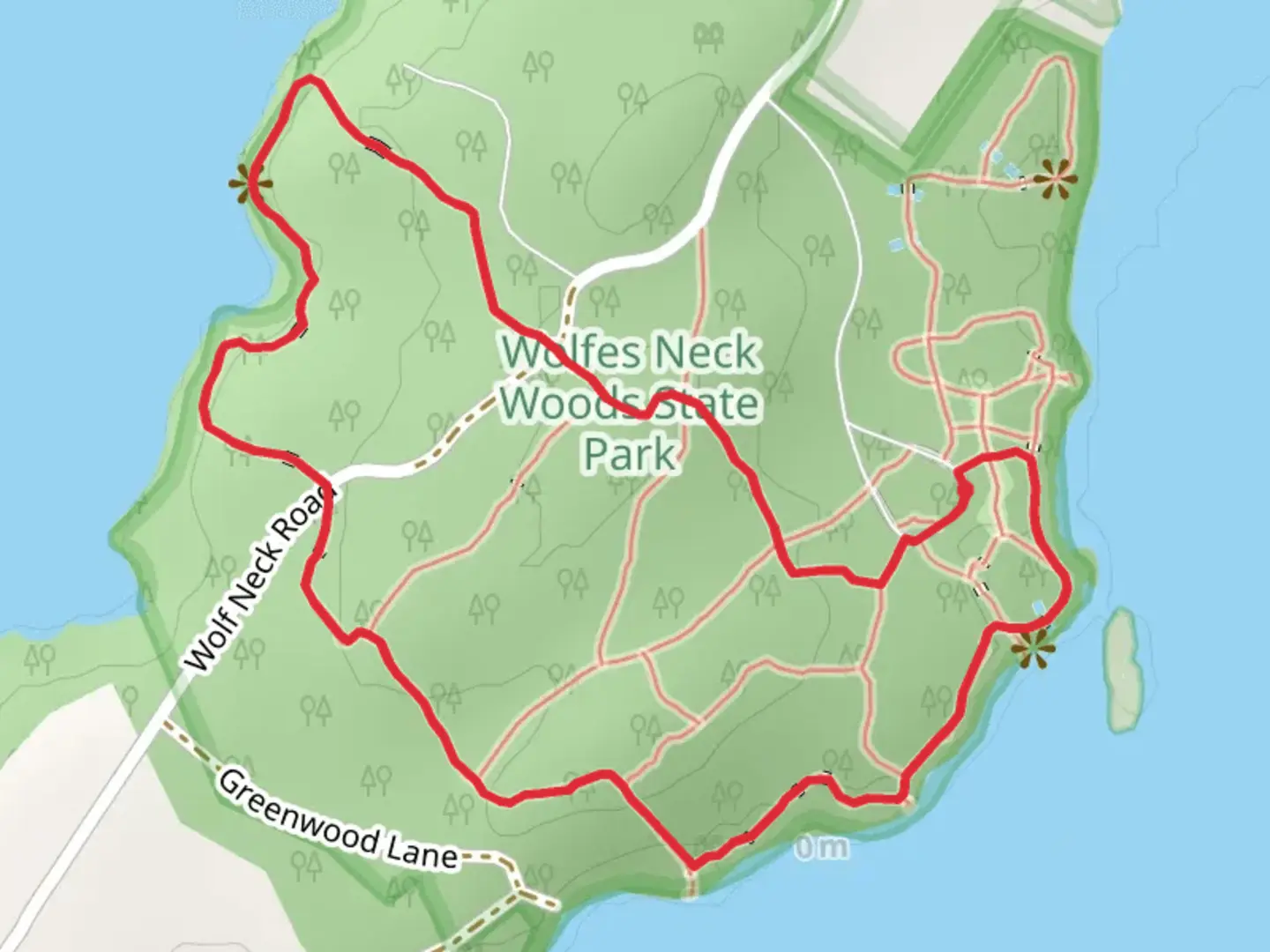 An image depicting the trail Wolfes Neck Woods State Park Loop and its surrounding area.