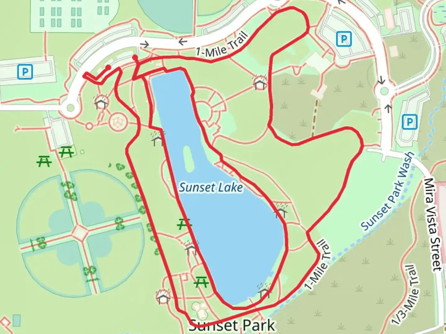 An image depicting the trail Sunset Lake via 1 mile Loop Trail and its surrounding area.