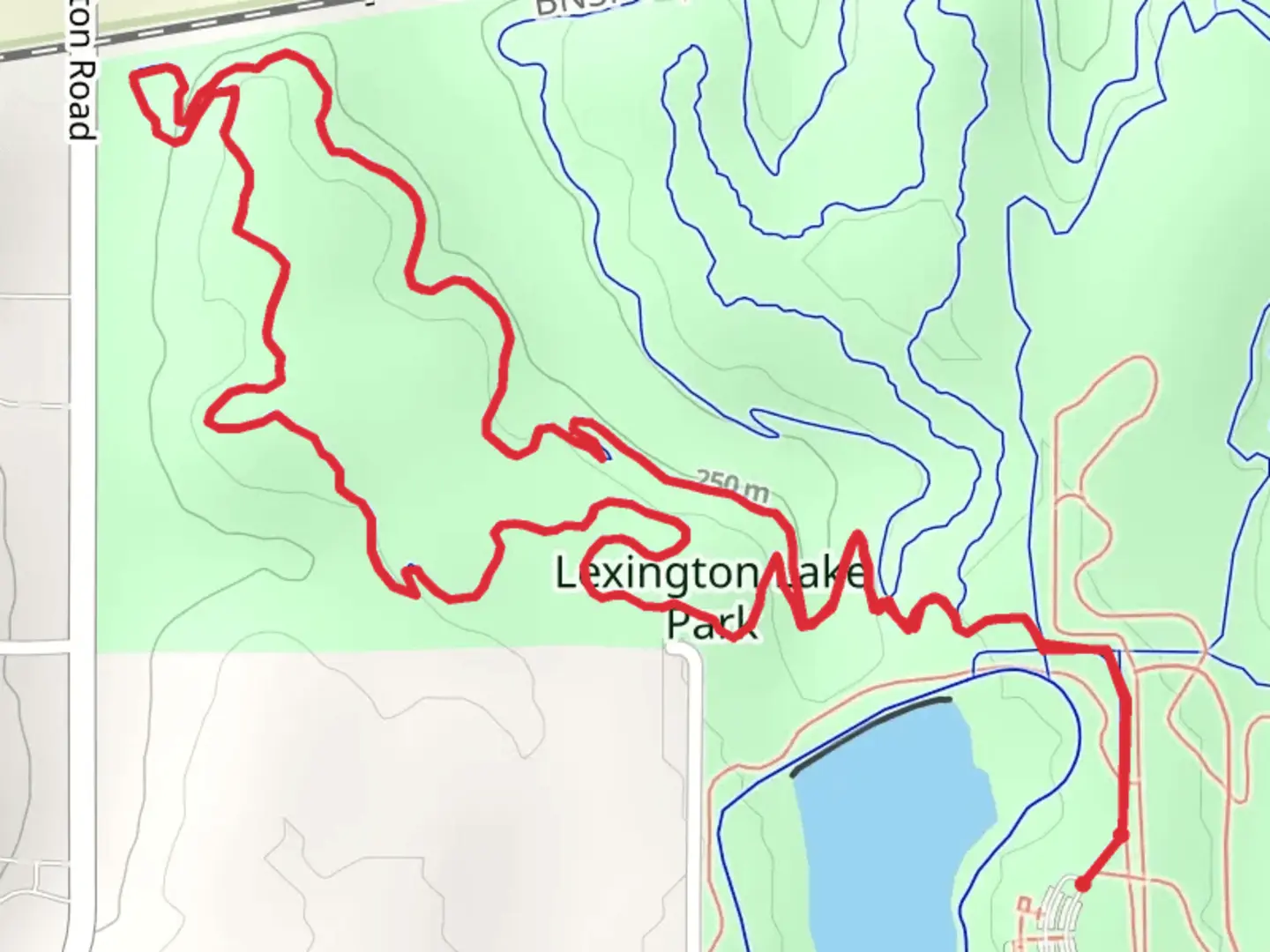 An image depicting the trail Lexington Lake Park and Indigo Loop and its surrounding area.